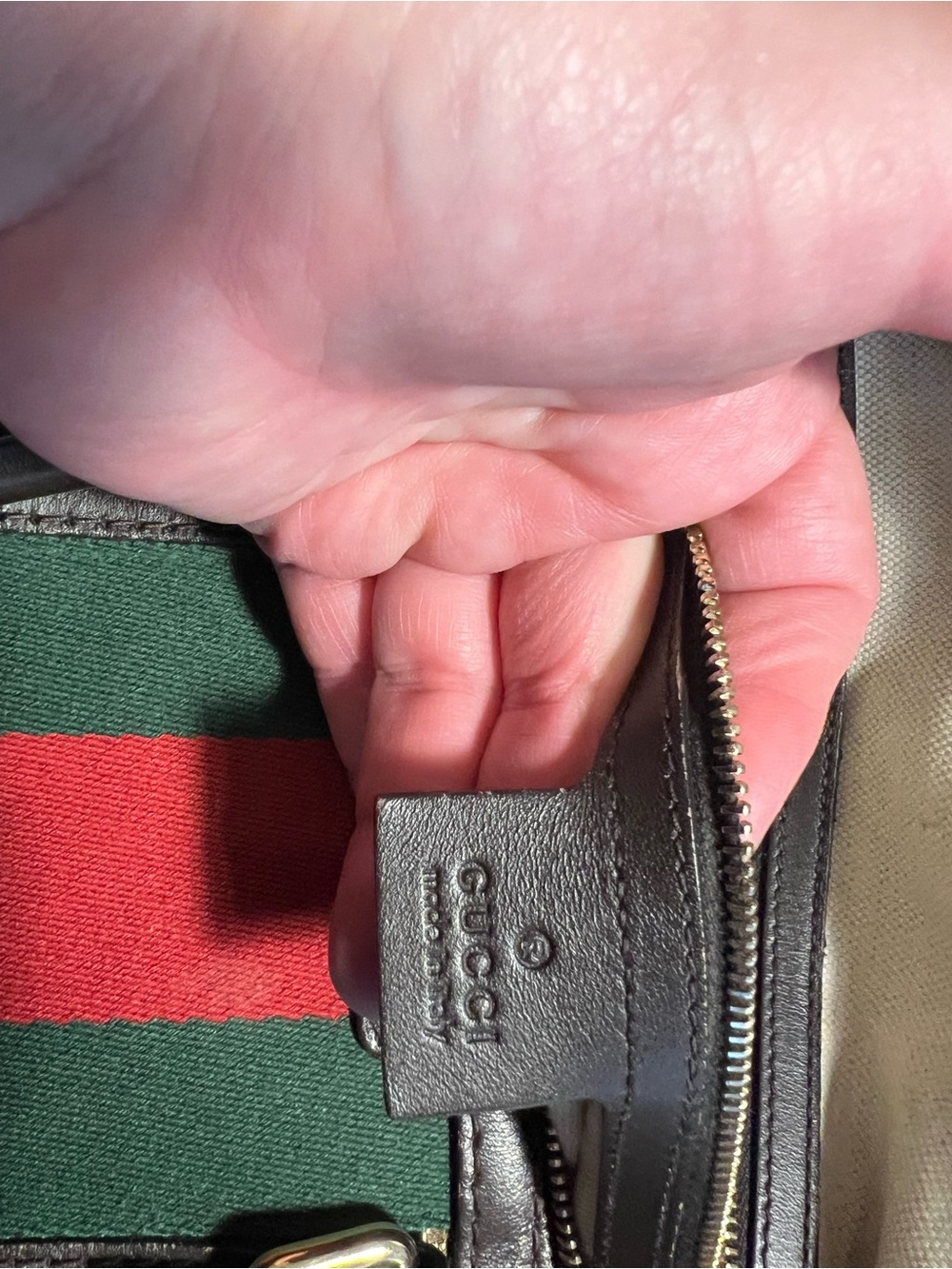 Gucci Beige Monogram Satchel with Green & Red Center Stripe - Picture 9 of 16